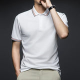 Men's Fashion Solid Short Sleeved Striped Lapel Polo Shirt Summer Breathable Comfortable Top