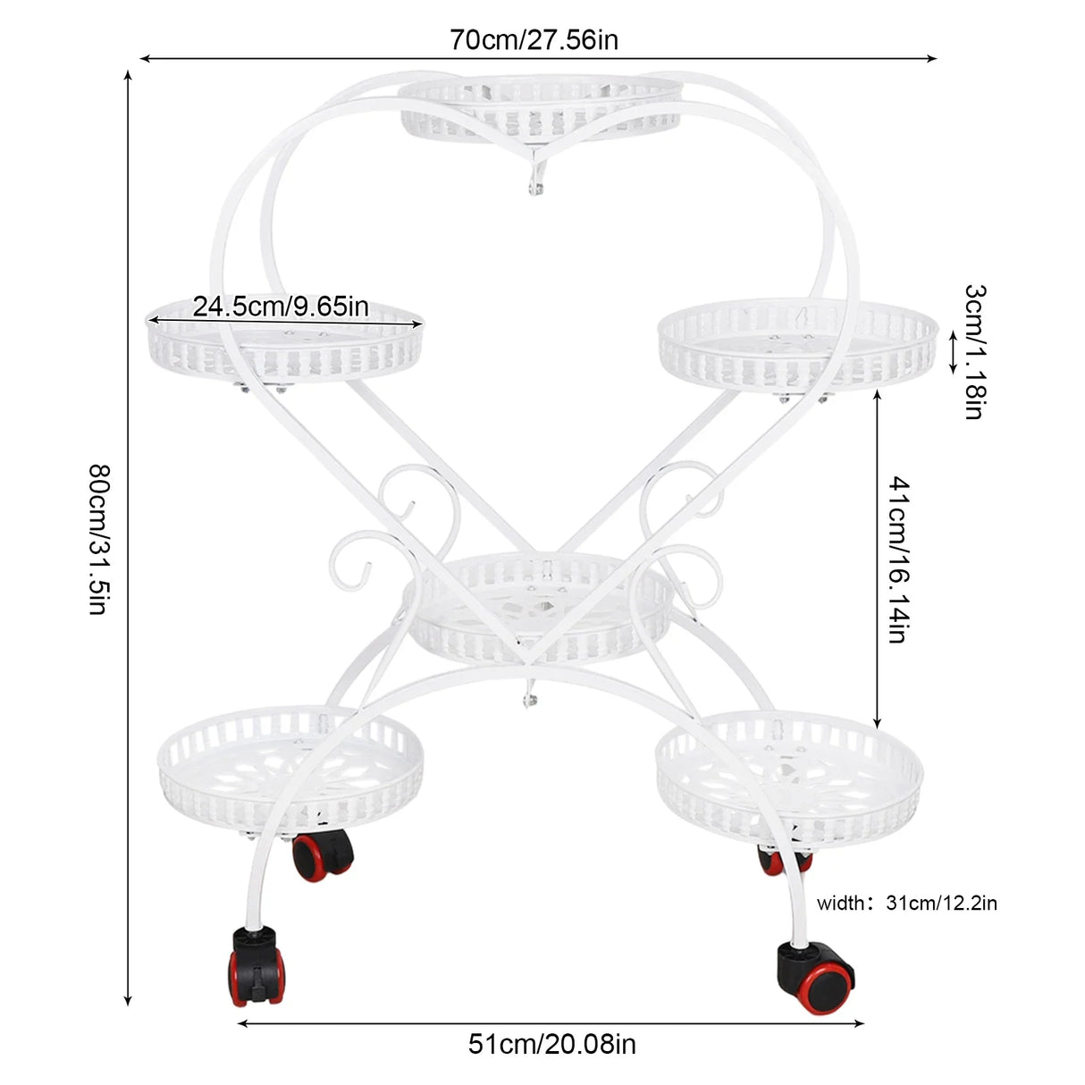 Plant Stand Metal Heart Shape Flower Pot Holder 6 Pots Storagerack  Garden Patio White Shelf with Wheel Outdoor Indoor Decor