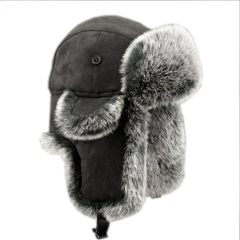 Winter Russian Man & Woman Wholeskin Natural Rex Rabbit Fur Hats Luxury Real Sheep Skin Leather Cap Unisex Real Fur Bomber Hat