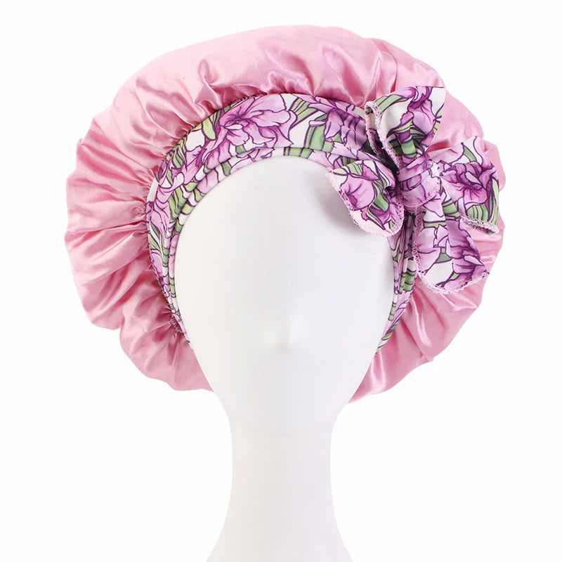 Women Satin Print Sleeping Cap Nightcap Bonnet Headband Women Scarf Sleep Night Hat Bow Bandana Hair Care Headwear Shower Hats