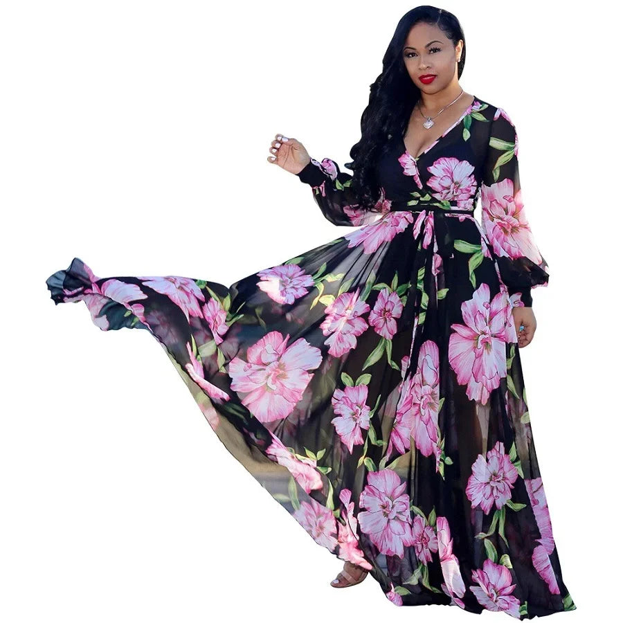 European and American large-sized women's fashion new printed long sleeved large swing chiffon dress