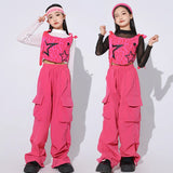 Girls Rose Red Hip Hop Outfits Long Sleeve Top Loose Cargo Pants Street Dance Suit Children Streetwear Kids Jazz Clothes Sets