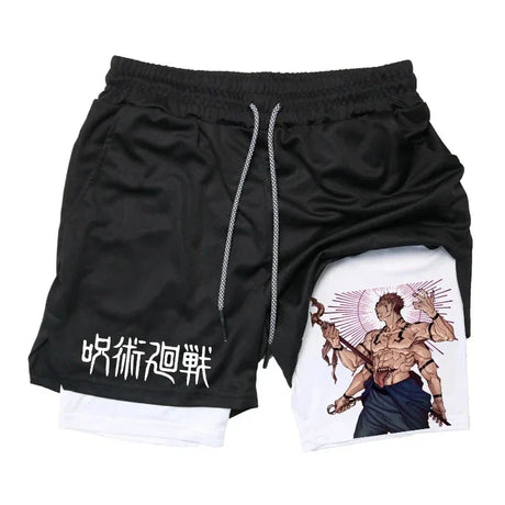 Itadori Yuji 2 in 1 Compression Shorts for Men Anime Jujutsu Kaisen Performance Shorts Basketball Sports Gym Shorts with Pockets