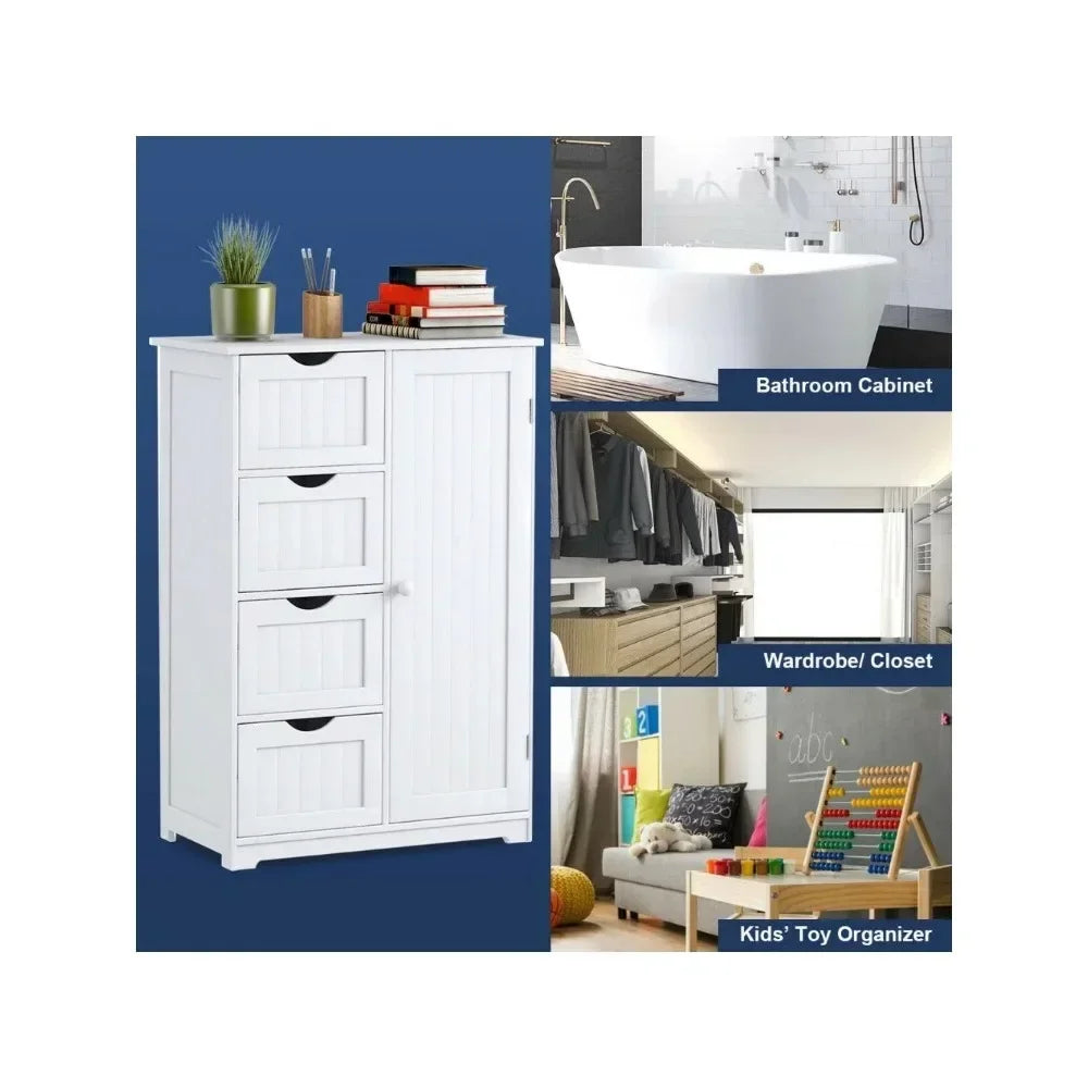 Open Cabinets Wooden 4 Drawer Bathroom Cabinet Storage Cupboard 2 Shelves Free Standing White Home Furniture Auxiliary Organizer