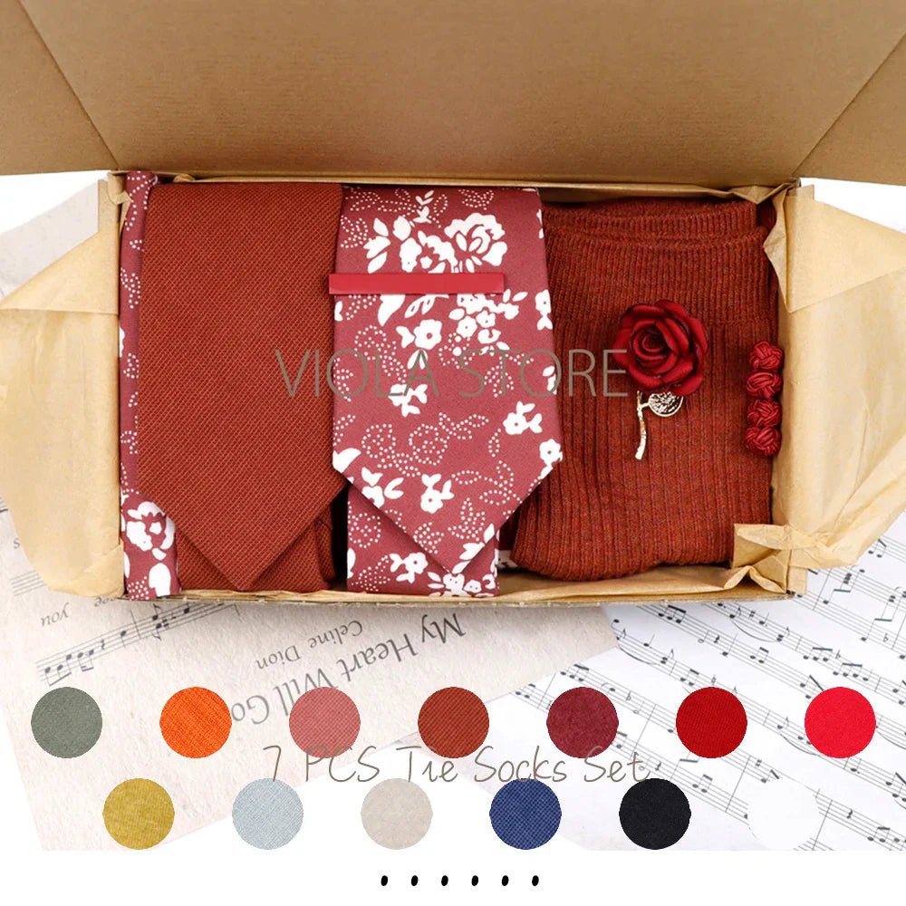 Viola Design Gift Box Hot Solid Floral Cotton Sock Necktie Set Clip Cufflinks Pin Hanky Men Wedding Party Daily Cravat Accessory