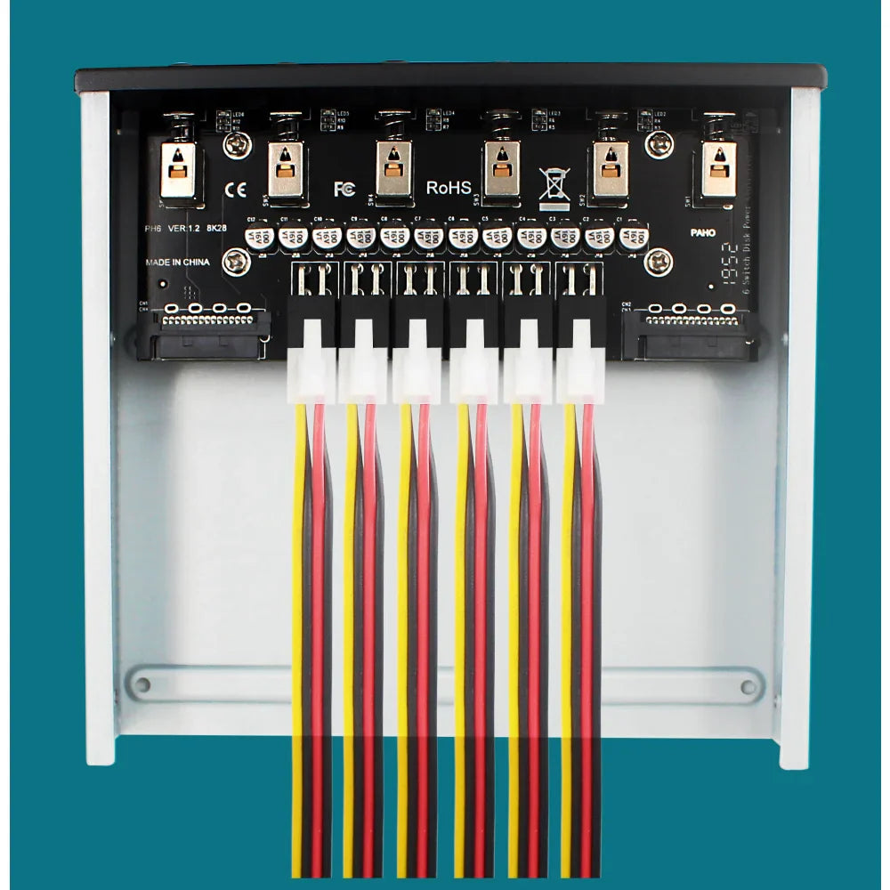 Desktop computer front panel expansion kit for 5.25" optical drive bay with 6 SATA15P power ports and control switch