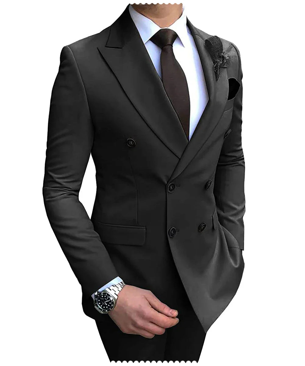 2024 New Beige Men's Suit 2 Pieces Double Breasted Notch Lapel Flat Slim Fit Casual Tuxedos For Wedding(Blazer+Pants)