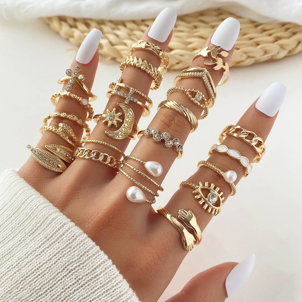 23pcs Hiphop Gold Color Geometric Wheat ear Rings Set For Women Girls Punk Star Moon Eye Wave Finger Rings Jewelry Party Gifts