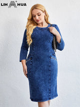 LIH HUA Women's Plus Size Denim Dress Autumn Chic Elegant Dresses For Chubby Women Round Neck Cotton Knitted Dress