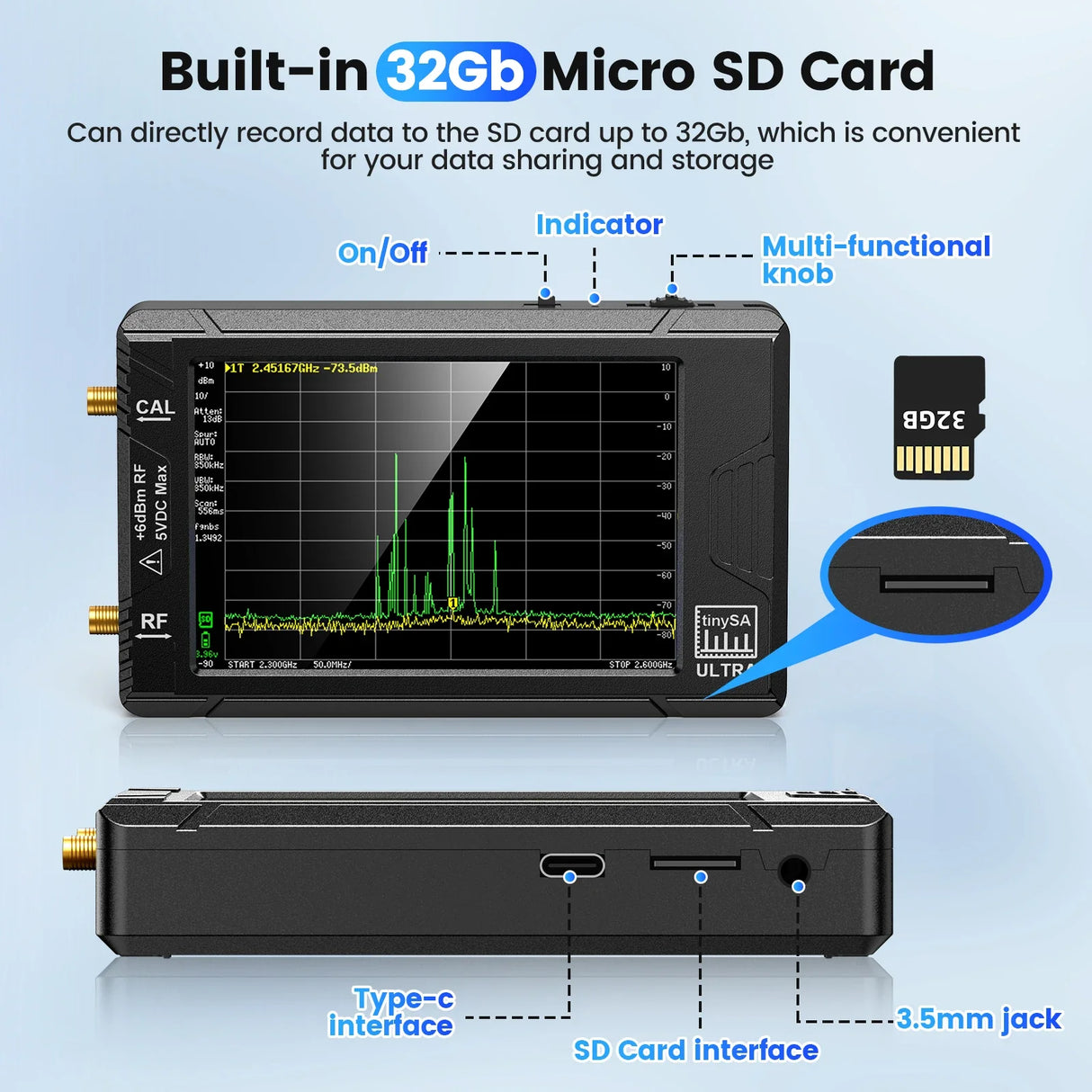 New Tiny Spectrum Analyzer TinySA ULTRA 4" Display 100kHz To 5.3GHz With 32GB Card Version V0.4.5.1 Network Internal Lan Tester