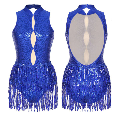 Womens Ballroom Dance Performance Costume Latin Jazz Samba Dance Wear Glitter Sequins Tassel Leotard Sleeveless Shiny Bodysuit