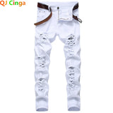 Straight Hole Destruction Trousers Distressed Jeans Men Denim Trousers Fashion Designer Brand White Pants Male Large Size 28-42