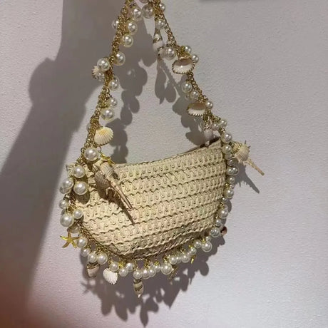 Fairy Pearl Conch Grass Woven Bag Handheld Crossbody Bag Small Mobile Phone Bag