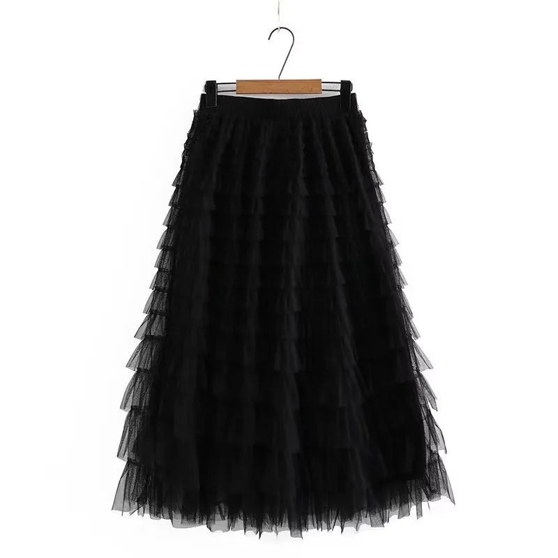 Plus Size Women's Clothing Skirt Elastic Waist Mesh Skirt Calf And Calf Cake Skirt Summer Thin Double Layer Umbrella Skirt 4XL