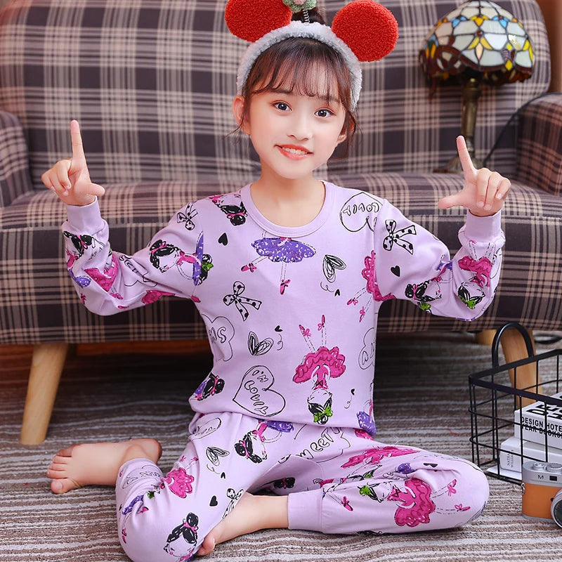 Autumn Cotton Sleepwear Sets for Children Baby Girls Lovely Heart Pajamas 2Pcs Long Sleeve Shirts+Pants Loungewear Kids Clothing