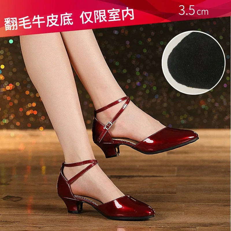 Women Glitter Leather Latin Dance Shoes Closed Toe Soft Sole Salsa Modern Shoe Tango Ballroom Dancing Shoes 3.5cm/5.5cm  Heel