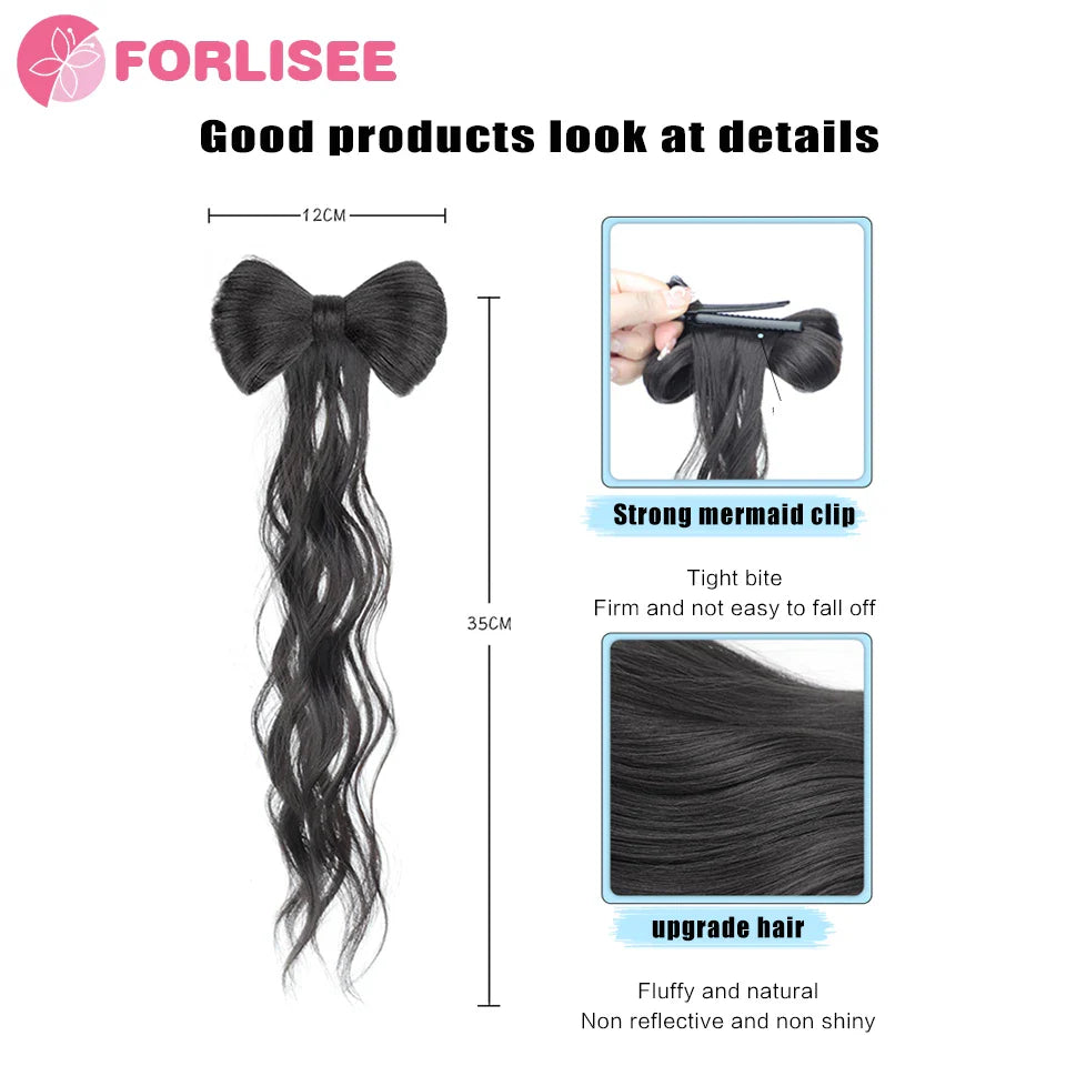 FORLISEE Bowknot Half-tie High Ponytail Wig Clip Hair Bag Meatball Head Hanfu Braid Wig Braid Ponytail