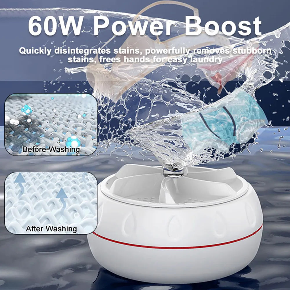 Portable Turbo Washing Machine Hight Power Mini Ultrasonic Washer for Baby Clothes Underwear Socks Business Trip Travel USB 60W