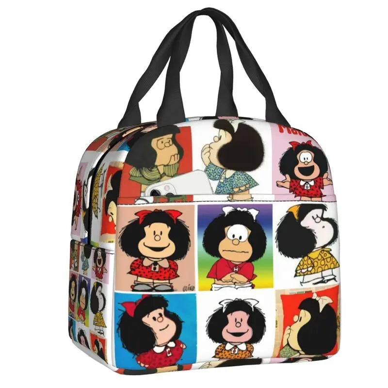 Mafalda Insulated Lunch Bags for Women Argentine Cartoon Quino Comic Portable Cooler Thermal Food Lunch Box Kids School Children