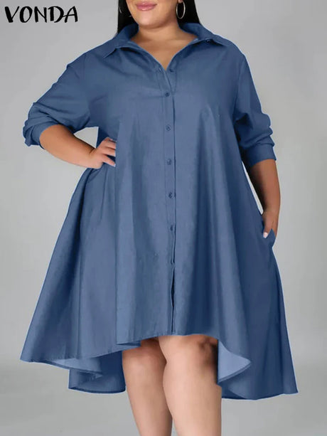 Plus Size 5XL VONDA Women Vintage Shirt Dress 2023 Autumn Denim Long Sleeve Asymmetrical Midi Vestidos Solid Elegant Sundress