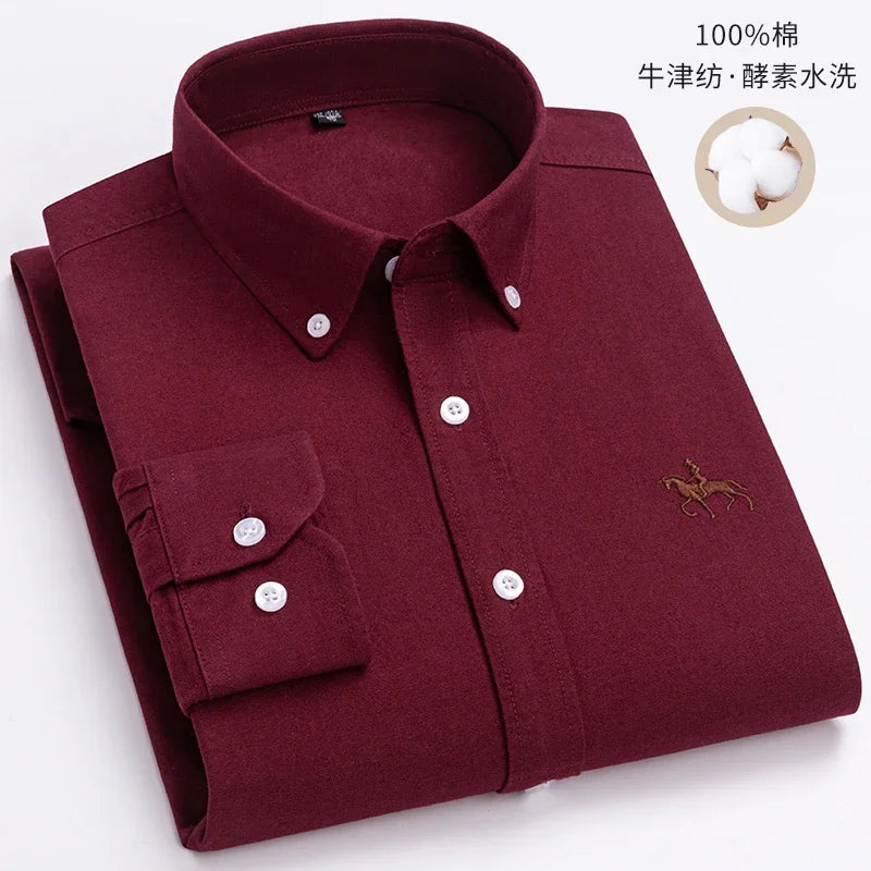 2023 100% Cotton Oxford Man Leisure Embroidered Horse Shirts Streetwear Oversized  Men Shirt Floral Long Sleeve Casual Plus Size