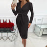 European and American women's V-neck zipper with waistband tight fitting fashionable and sexy long sleeved dress