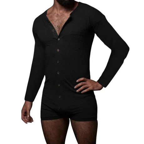 New 2024 Men's Sexy Pajamas Sets Casual One Piece Men Long Sleeve Solid Romper Single-breasted Jumpsuit Sleepwear Nightwear Male