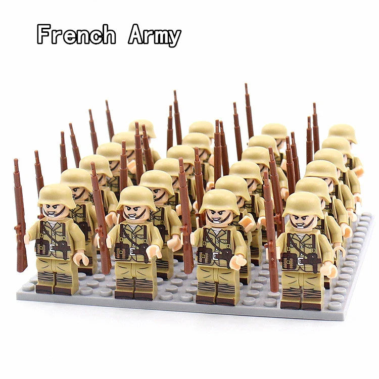 WW2 24pcs Military Army Soldier Soviet US UK German France Building Blocks Set Model Bricks Action Figures Weapon Toys Kids Gift