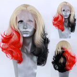 Ombre Blonde to Half Red Black Wavy Synthetic  PrePluckedInvisible Lace Front Heat Resistant Drag Queen Cosplay Wigs For Women