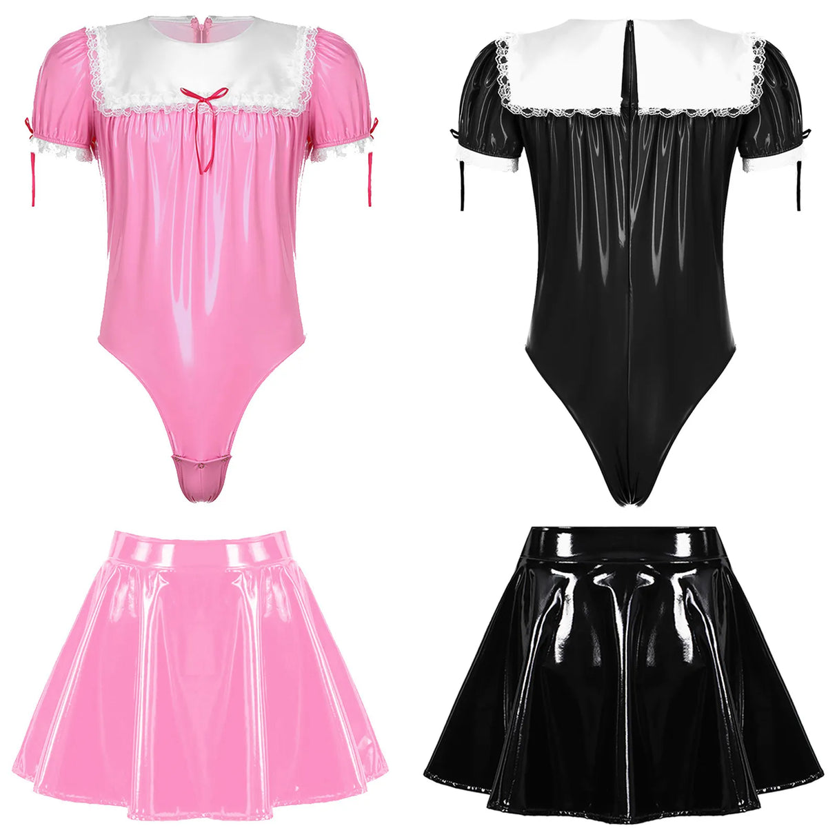 Mens Maid Costume Set Sissy Crossdresser Cosplay Party Outfits Patent Leather Puff Sleeve Bodysuit Leotard with Flared Skirt