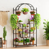 5-Tier Tall Indoor Plant Stand, 74.8'' Arched Metal Flower Shelf with Hanging Hooks, Large Bonsai Pots Display Rack for Garden