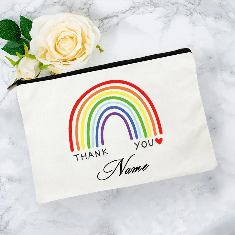 White Personalized Name Bag woman rainbow print Makeup Bag Storage Pouch Toiletries storage Cosmetic Pocket Gift for teachers