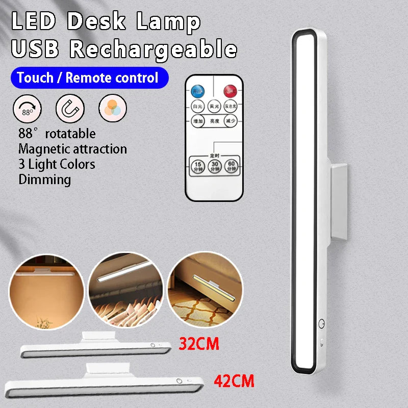 LED Reading Desk Lamp USB Rechargeable Light Stepless Dimming Table Lamp Remote Control Night Light for Bedroom Cabinet Closet