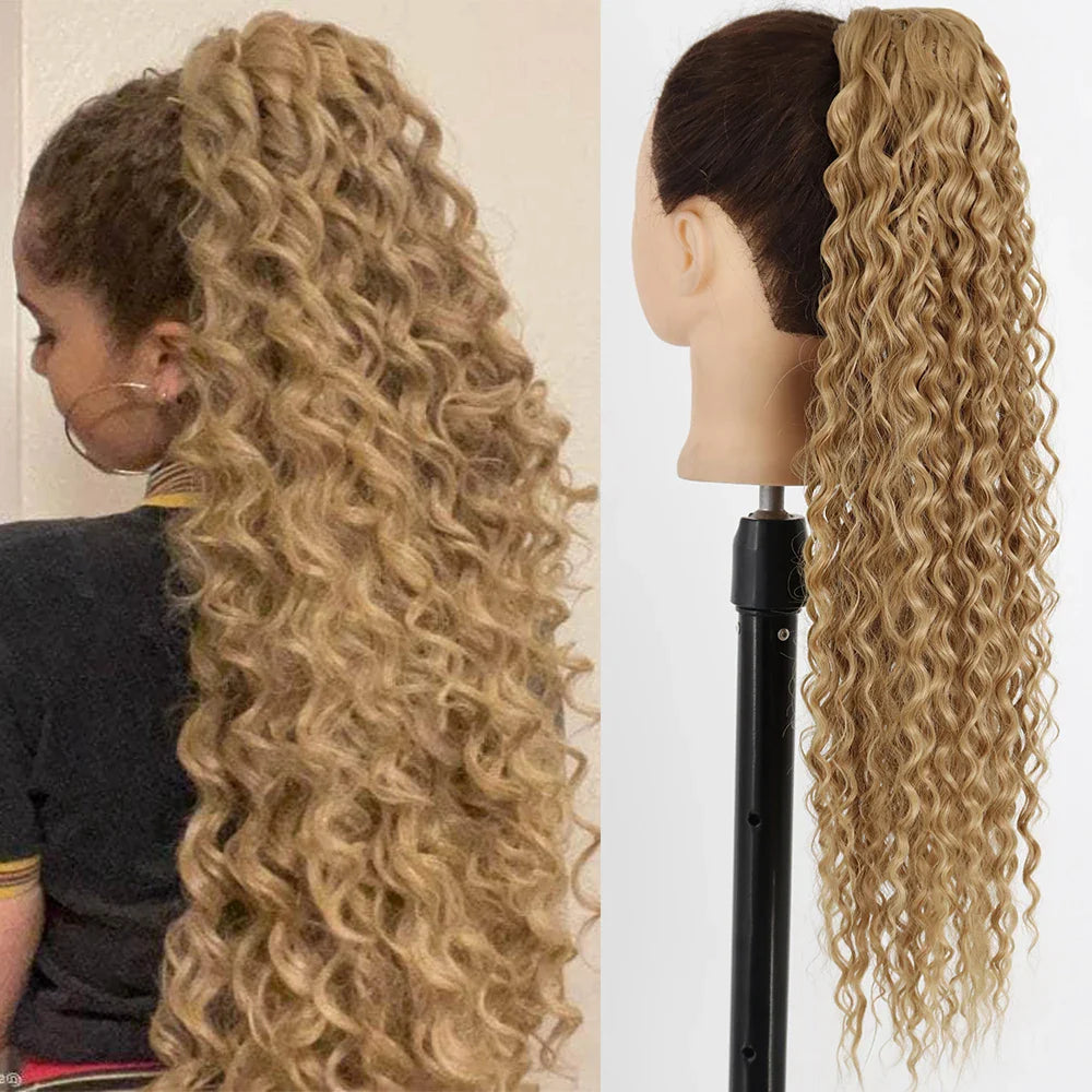 Synthetic Curly Ponytail Extensions Clip In Drawstring Ponytail Wig Long 26Inch Water Wave Afro Pony Tail Women Hairpiece False