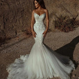 Sexy Sequin Strapless Wedding Ball Gown Sparkly Elegant Embroidery Fishtail Dress CRYSTAL Floor-Length Train Tulle Bridal Gown