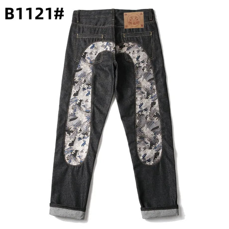 Printed trendy brand personality jeans for men and women casual slim straight tube national trend washed loose all-match pants