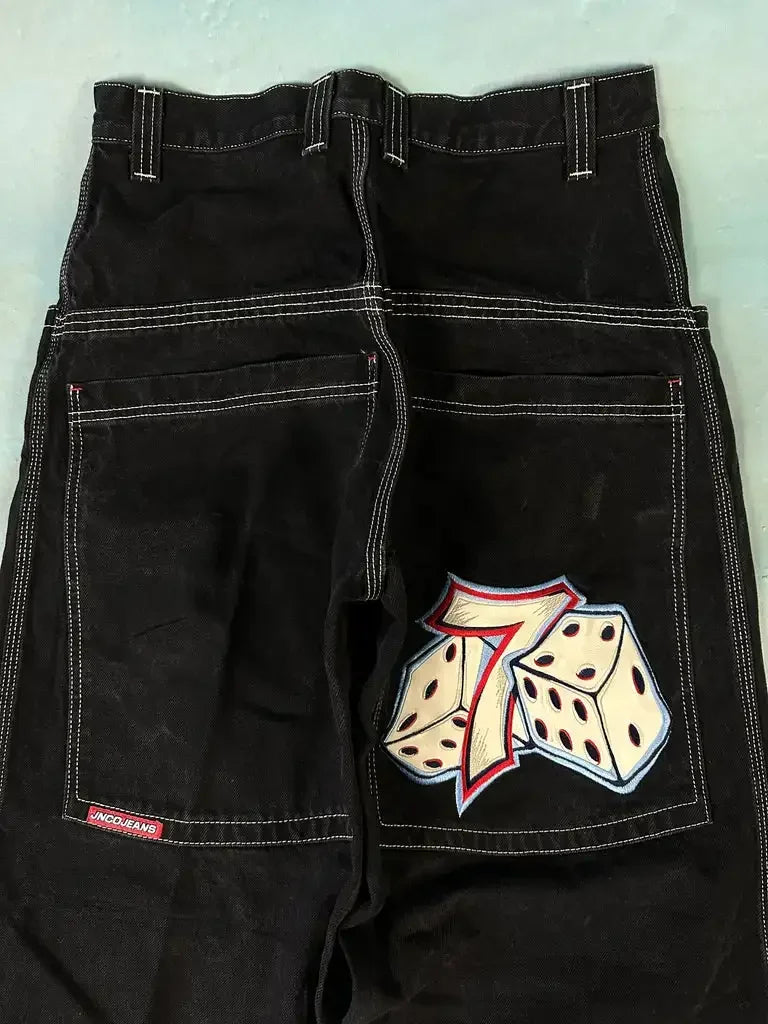 JNCO Jeans Y2K Mens Streetwear Harajuku Hip Hop Retro Skull Embroidered Baggy Jeans New Gothic High Waist Wide Leg Trousers