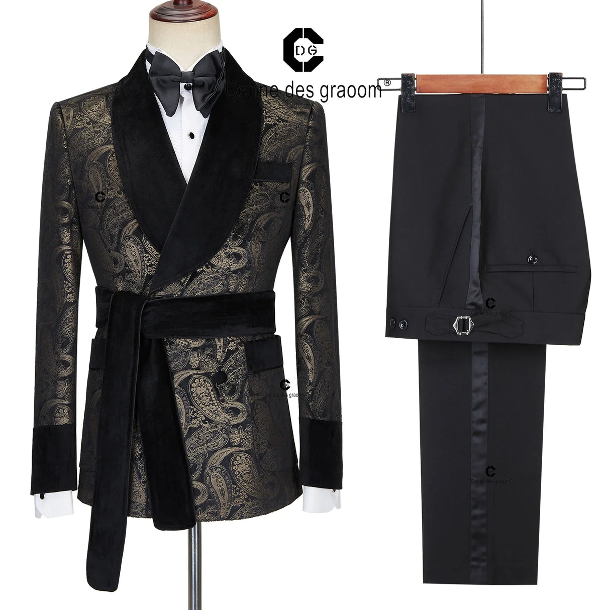 Cenne Des Graoom 2023 New Men's Suit Paisley Tuxedo For Wedding Double Breasted Shawl Velvet Lapel Jacket 2 Pieces With Belt