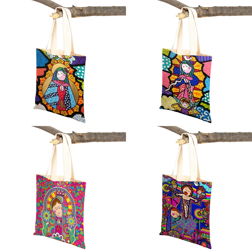 Ladies Shopping Bag Cartoon Virgin Mary Series Handbag Foldable Reusable Cloth Shopper Harajuku Style Student Canvas Tote