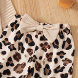 Citgeett Autumn Infant Baby Girls Jumpsuit Solid Color Ribbed Fly Sleeve Romper + Leopard Flare Pants Spring Clothes