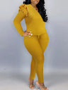 4XL 5XL LW Plus Size Trendy V Neck Striped Yellow Two-piece Pants Set Spring Women Basic Plain Ruffles Female Matching Suit