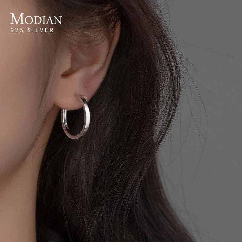 Modian Solid 925 Sterling Silver 2CM Smooth Minimalist Simple Ear Pave Setting Stud Earrings for Women Fine Party Jewelry