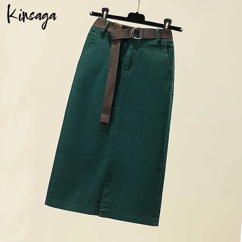 Plus Size Slim High Waist Front Slit Midi Straight Skirts 4XL Women Japanese Harajuku Sashes Pockets Bodycon Green Cargo Skirt