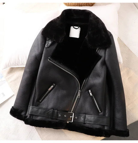 LY VAREY LIN Winter Women Faux Leather Lambs Wool Fur Collar Pu Moto Zipper Jacket Warm Thick Outerwear Faux Lamb Leather Jacket