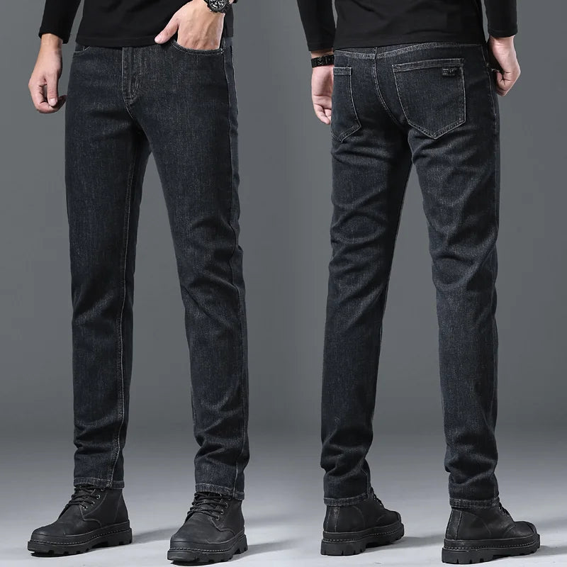 2023 New Black Gray Men's Stretch Jeans Classic Slim Korea Fashion Solid Color Simple Male Straight Skinny Denim Trousers