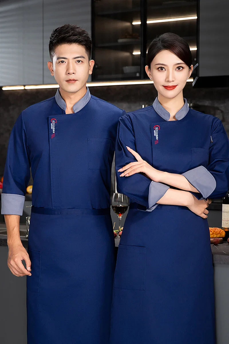 Men Long Sleeve Chef uniform Restaurant chef jacket with apron Cook Coat Chef T-shirt Work Uniform Waiter Hotel Clothes Logo