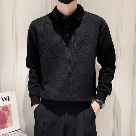 Argyle Plaid Print Long Sleeve Men Polo T Shirts Black White Mature Business Casual 2xl Oversized Pullover Fashion Harajuku Tops