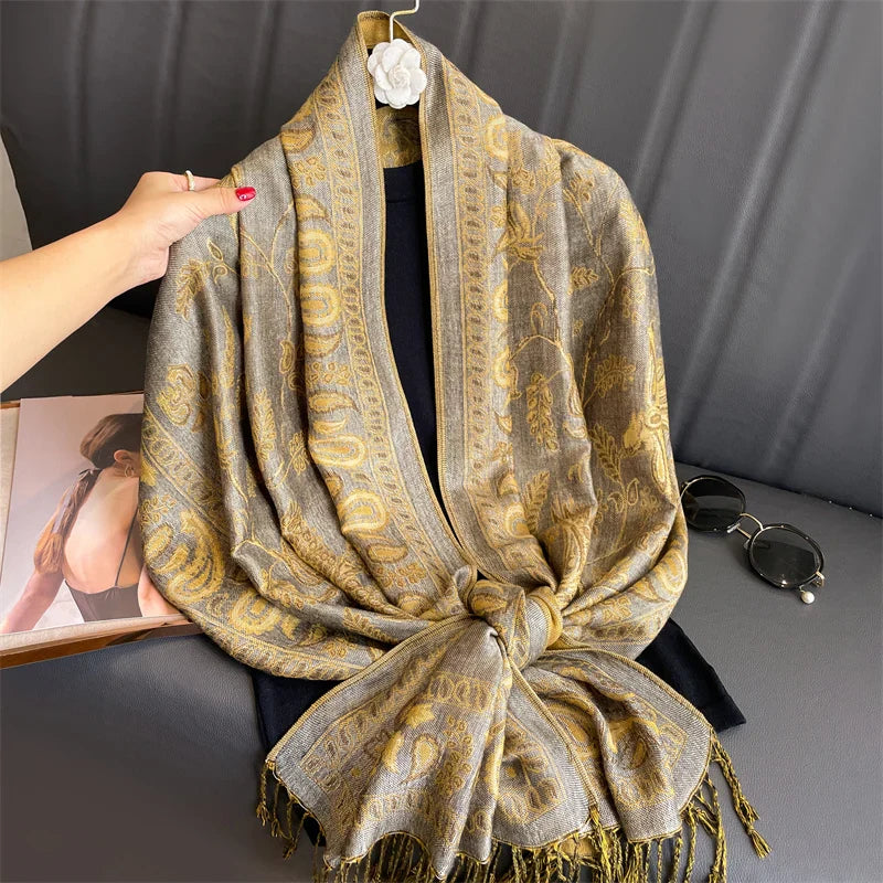 Luxury Pashmina Silk Scarf Shawl Wrap Paisley Jacquard Flowers Borders  Layers Reversible Classic Tassels For Women 70X190cm