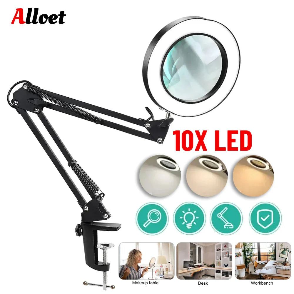 HD30 10X LED Magnifying Magnifier Illuminated Magnifier Lamp 3 Color LED Magnifying Glass for Welding/Table Lamp/Skincare Beauty