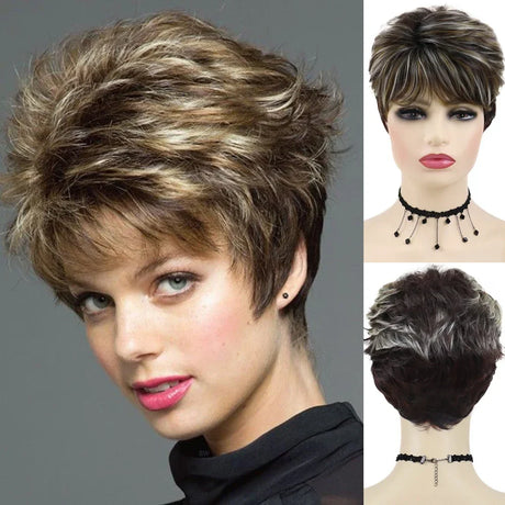 GNIMEGIL Synthetic Short Pixie Cut Wig Women Natural Hairstyle Bangs Wig Blonde Mix Brown Soft Straight Wig for Chemo Patient